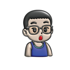 Charming 3D cartoon illustration featuring a young boy with round glasses and a surprised expression, mouth agape in wonder or mild shock. An adorable character perfect for conveying innocence and cur