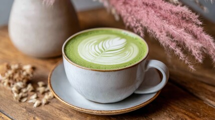 Matcha latte with leaf latte art in ceramic cup, surrounded by dried flowers and soft natural tones