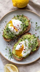 Avocado toast with poached eggs, microgreens and chili flakes served on rustic plate