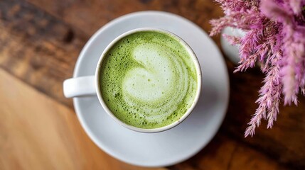 Matcha green tea latte in white cup with heart-shaped milk foam and flowers on side