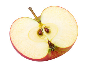 A cut red apple revealing the core and seeds.