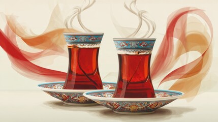 Two steaming glasses of traditional tea in ornate cups with decorative saucers and swirling background
