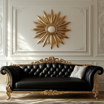 Luxurious, ornate, antique-style furnishings grace a refined, elegant interior setting, highlighted by a sunburst mirror and a black leather sofa.