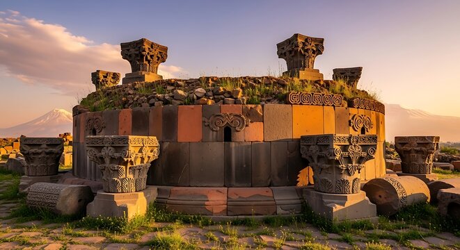Ancient Zvartnots Cathedral ruins, Armenia, a monumental historical site at sunset creating mystical atmosphere