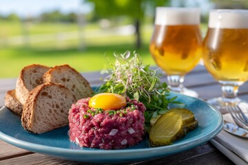 Beef tartare with raw egg yolk, microgreens, pickles and toasted bread served outdoors with beer