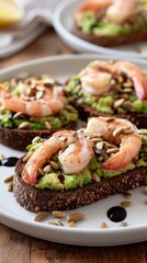 Avocado toast with shrimp, chopped nuts and balsamic glaze served with coffee on wooden table
