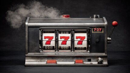 Vintage slot machine with triple red sevens jackpot on dark background and steam rising