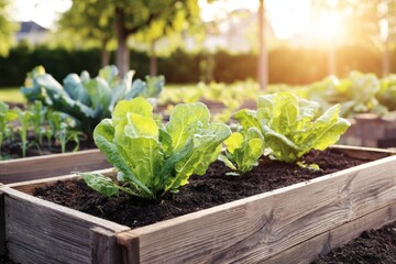 Fresh lettuce growing in raised wooden garden beds in the sunlight of a backyard