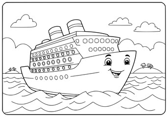 Delightful cruise ship cartoon illustration ready to color, perfect for children's activity books, printable travel theme, and fun vacation projects