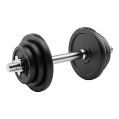 Naklejka premium A single adjustable dumbbell with black weight plates and a chrome handle, isolated on transparent background
