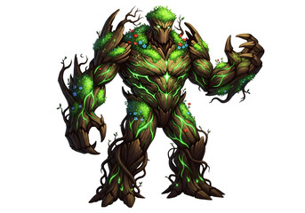 A powerful, arboreal creature, adorned with vibrant green flora, stands out against a stark black background.