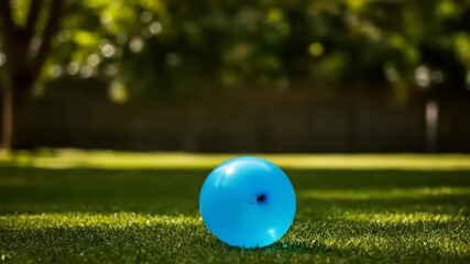 Blue water balloon bursting in slow motion on a green lawn. - Powered by Adobe