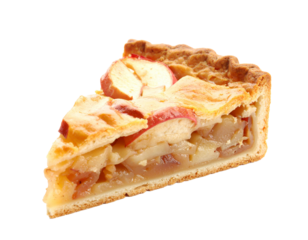 A slice of apple pie on a white background, a classic dessert.
