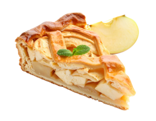 A slice of apple pie on a white background, a classic dessert.