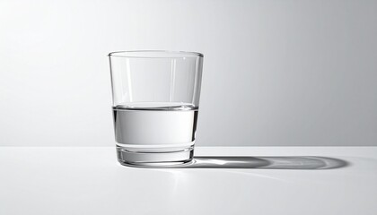 Clear glass half-filled with water on white surface and background