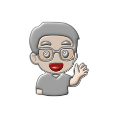 Friendly and Cheerful Waving Cartoon Character Illustration with Glasses and Grey Hair, Ideal for Avatars, Social Media Profiles, or Welcoming Digital Content in a Glossy 3D Style