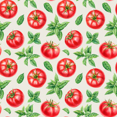 Red ripe tomatoes and fresh mint leaves watercolor seamless pattern healthy organic vegetable food background