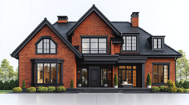 Front view of luxury brickwall house with black roof and large windows surrounded by green plants and trees, showcasing elegant architecture and modern design