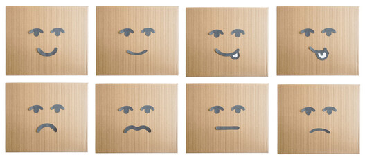 Set collection or collage of hand drawn various emoji on cardboard box paper isolated on transparent background