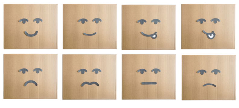 Set collection or collage of hand drawn various emoji on cardboard box paper isolated on transparent background