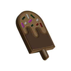 Realistic 3D render of a chocolate-covered popsicle with frosting drip and colorful candy sprinkles, isolated on a white background as a vector icon