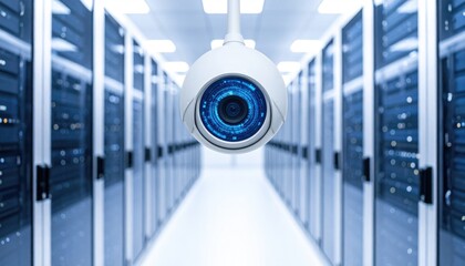 Close-up of a white security camera in a data center with rows of servers in a cool-toned, technological environment
