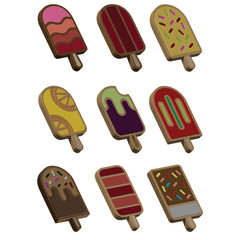 Collection of assorted ice popsicles, ice cream bars and frozen treats on a white background, perfect for summer and dessert themes