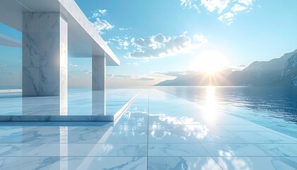 A serene, open-air structure with marbled floors overlooking a sunlit seascape and distant mountains under a clear blue sky with scattered clouds