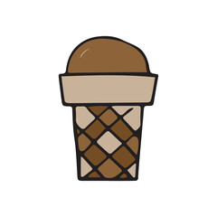 A simple, hand-drawn illustration of a classic ice cream cone with a brown scoop and a waffle cone pattern