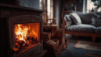 Cozy wood-burning stove with a warm fire