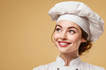Bright smile of a talented chef showcasing culinary passion in stylish professional uniform on beige background