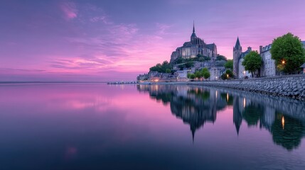 Mont Saint Michel Abbey Silhouette Reflected in Water at Dusk with Pink Sky in Normandy France