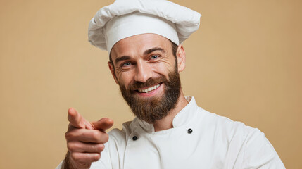 Cheerful young male chef showcasing his smile while posing in a classic white uniform against a warm beige backdrop