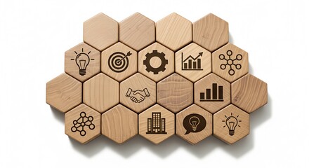 Wooden hexagon blocks with business and innovation icons on white background
