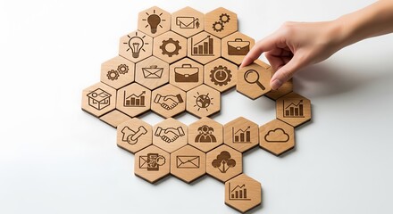 Hand highlighting wooden hexagon block with business icon on white