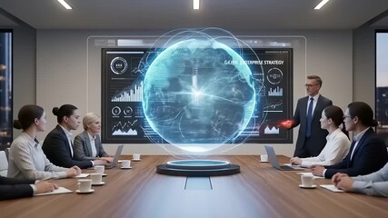 Business Meeting with Futuristic Holographic Globe Display. - Powered by Adobe