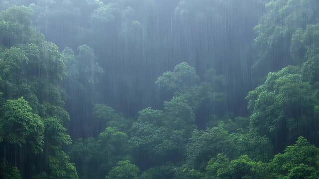 Lush green forest canopy drenched in rain