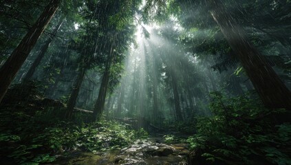 Obraz premium Sunlight streams through a lush, misty forest after rain