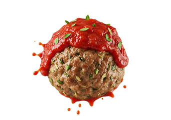 A meatball, generously coated in a vibrant red sauce, is highlighted against a dramatic black background.
