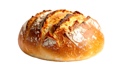 Rustic sourdough bread with a golden-brown crust, deep scoring, and a slightly irregular shape, showing signs of oven spring
