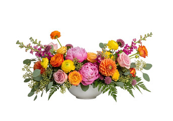 Vibrant floral arrangement in a white bowl, showcasing a mix of bright pinks, oranges, yellows, and peaches against a striking black backdrop.