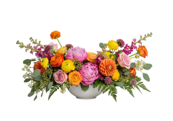 Vibrant floral arrangement in a white bowl, showcasing a mix of bright pinks, oranges, yellows, and peaches against a striking black backdrop.