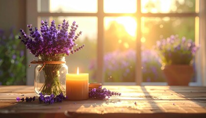 Warm, sunlit scene of lavender bouquet in a glass jar with a burning candle on a wooden table in front of a bright window