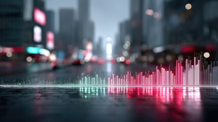 Neon Data Visualization Overlaying Urban Streetscape Featuring a Spectrum of Colors and Blurred City Lights