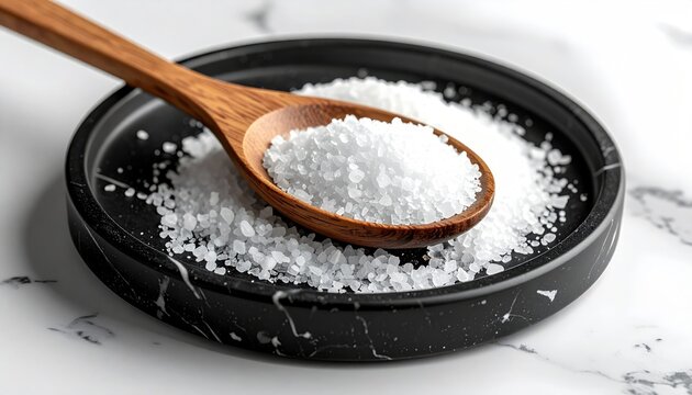 Pile of sparkling white salt crystals on a dark, marbled dish with a wooden spoon resting atop, on a bright marble surface