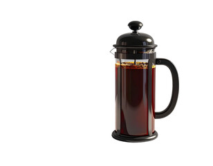 A glass French press, black handle and lid, filled with dark coffee, sits on a black background