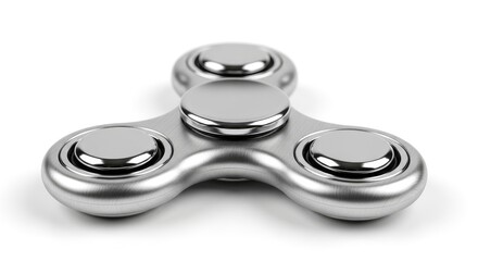 A brushed metal three-lobed spinning toy featuring reflective circular weights rests on a bright white background