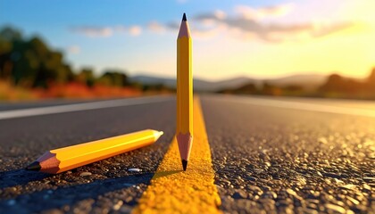 Two yellow pencils on an asphalt road with trees and a sunset in the background, illuminated by golden hour light