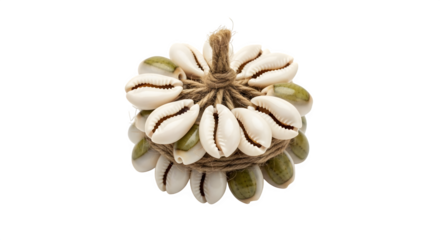 Closeup of an african musical instrument called hosho, made of gourds, seeds, and shells, isolated on transparent background a traditional percussion instrument