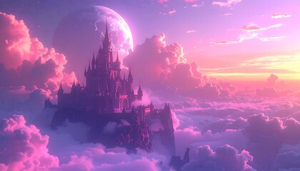 Majestic castle perched atop a cloud-shrouded peak, bathed in sunset's soft glow
